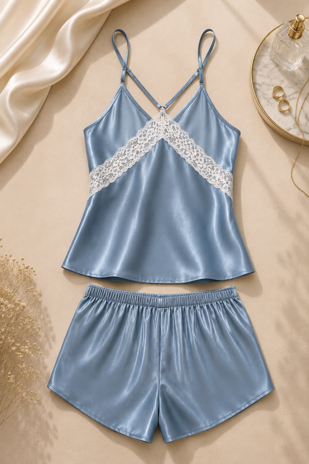 Womens Thin Sexy Alluring Pajamas Lace-trimmed Rayon Pajama Set
