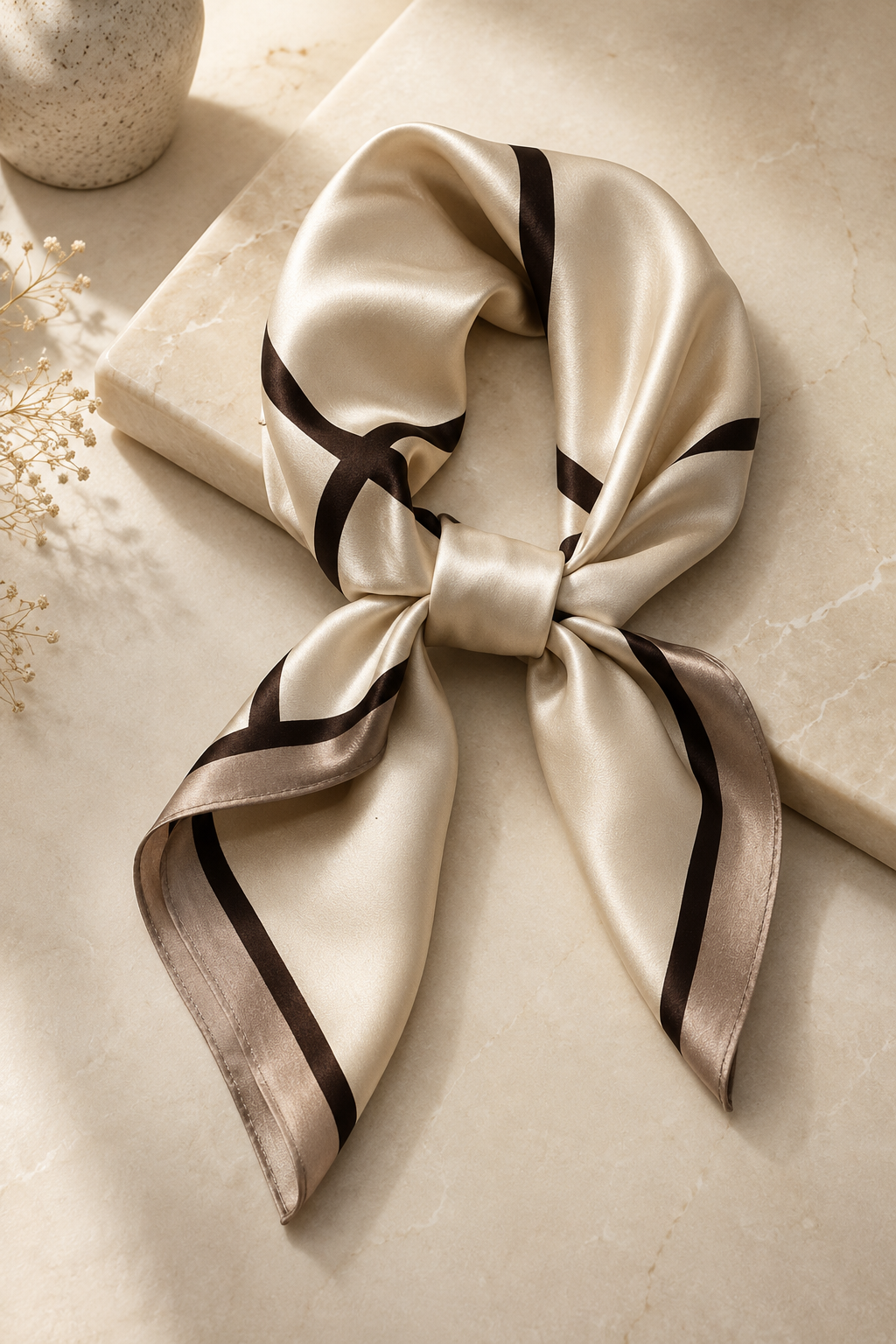 100% Real Silk Square Scarf - Luxury 68cm Champagne Foulard & Headband