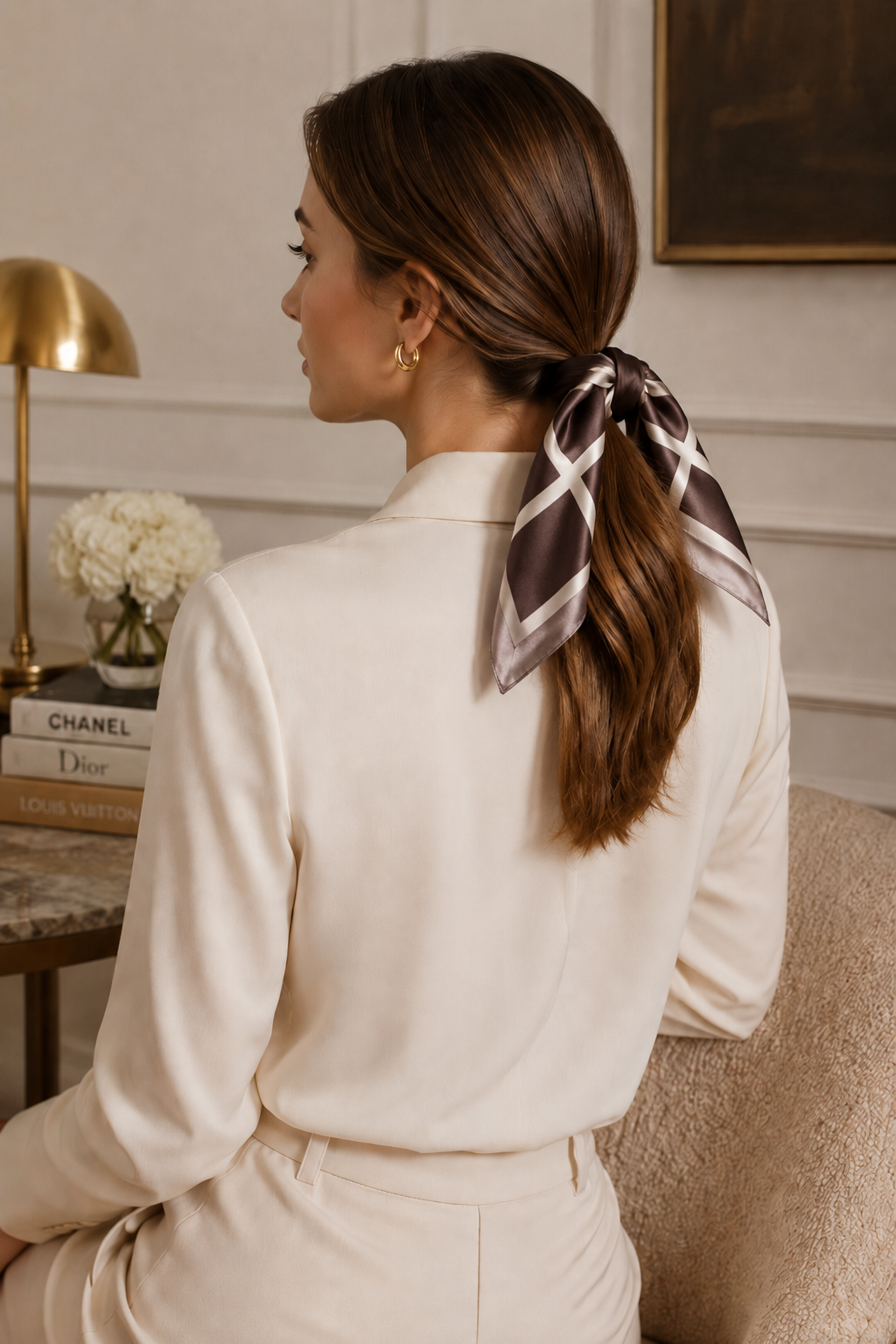 100% Real Silk Square Scarf - Luxury 68cm Champagne Foulard & Headband