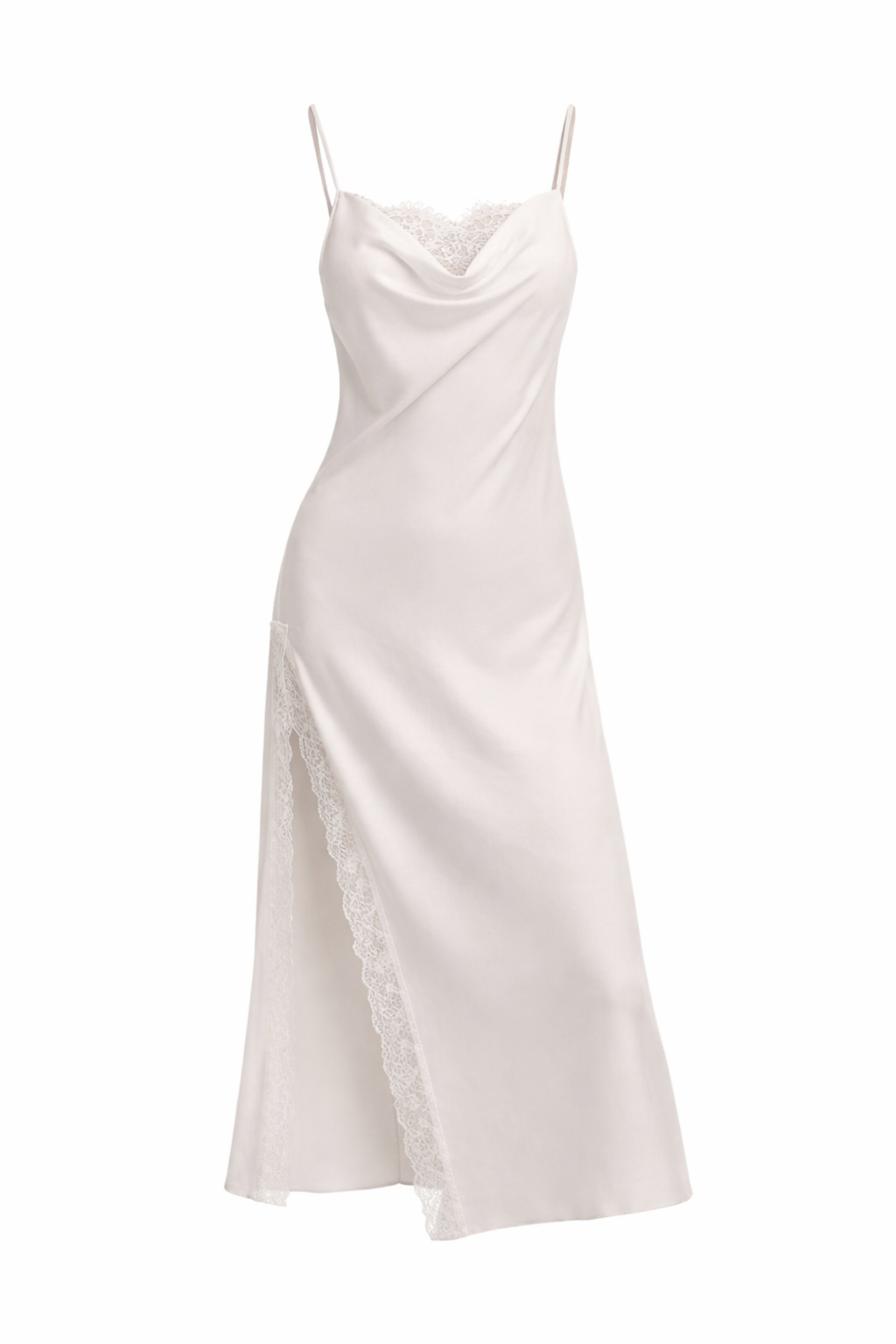 Luxury Satin Maxi Slip Dress – Ivory Lace-Trimmed Elegance